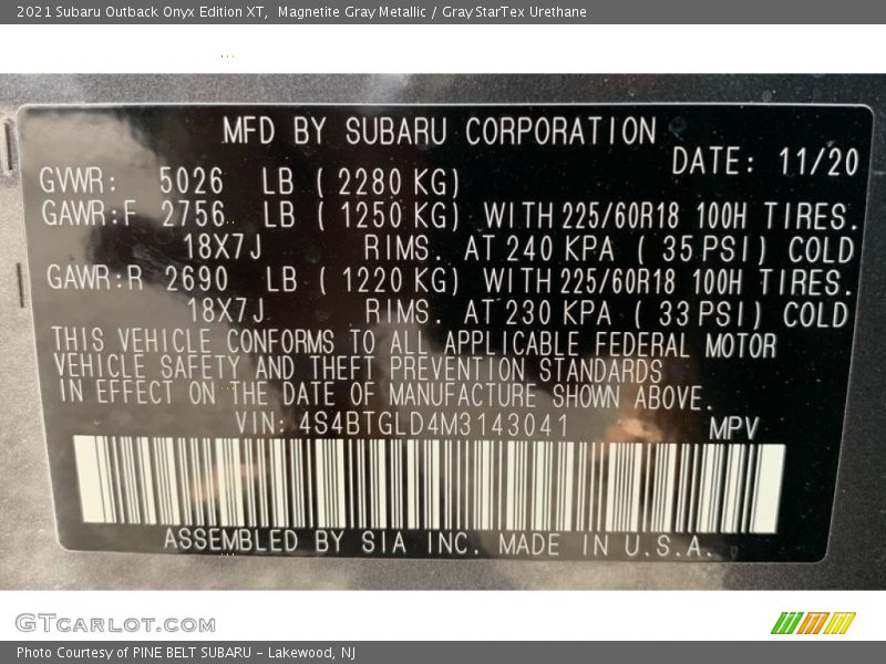Magnetite Gray Metallic / Gray StarTex Urethane 2021 Subaru Outback Onyx Edition XT