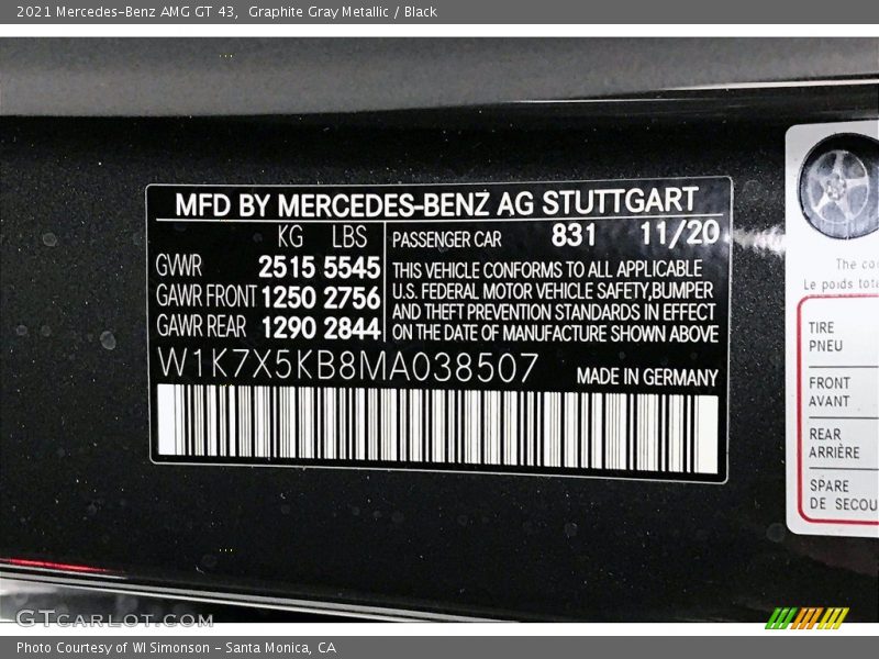 2021 AMG GT 43 Graphite Gray Metallic Color Code 831