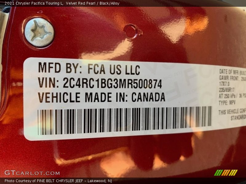Velvet Red Pearl / Black/Alloy 2021 Chrysler Pacifica Touring L