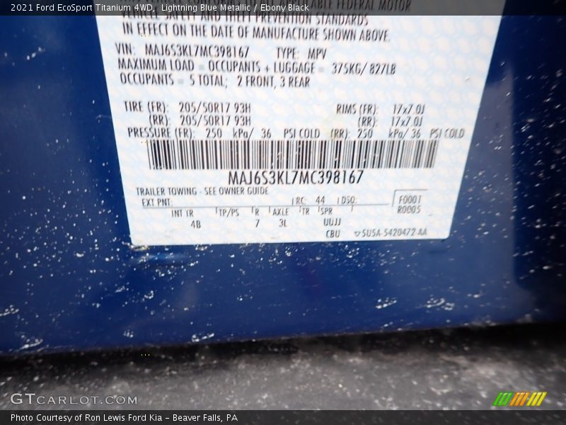 Lightning Blue Metallic / Ebony Black 2021 Ford EcoSport Titanium 4WD