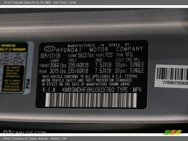 2019 Santa Fe XL SE AWD Iron Frost Color Code P2S