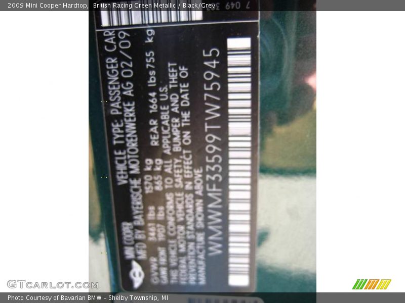 British Racing Green Metallic / Black/Grey 2009 Mini Cooper Hardtop