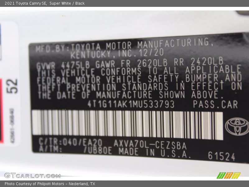Super White / Black 2021 Toyota Camry SE