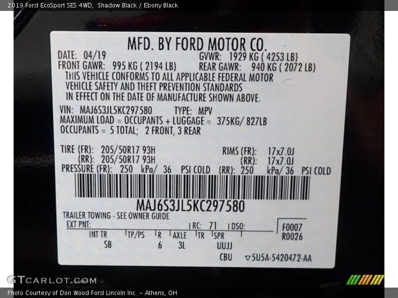 Shadow Black / Ebony Black 2019 Ford EcoSport SES 4WD