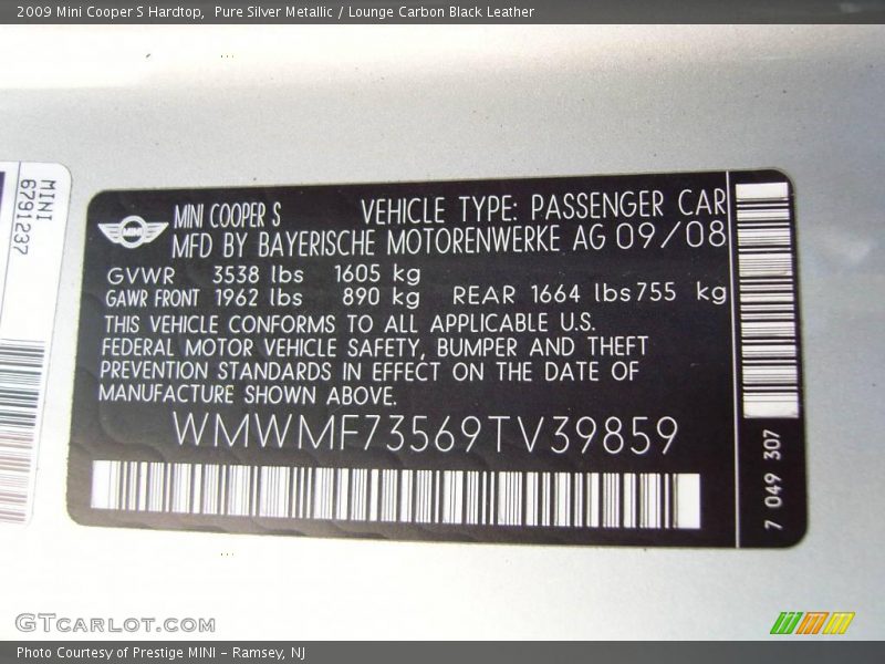 Pure Silver Metallic / Lounge Carbon Black Leather 2009 Mini Cooper S Hardtop