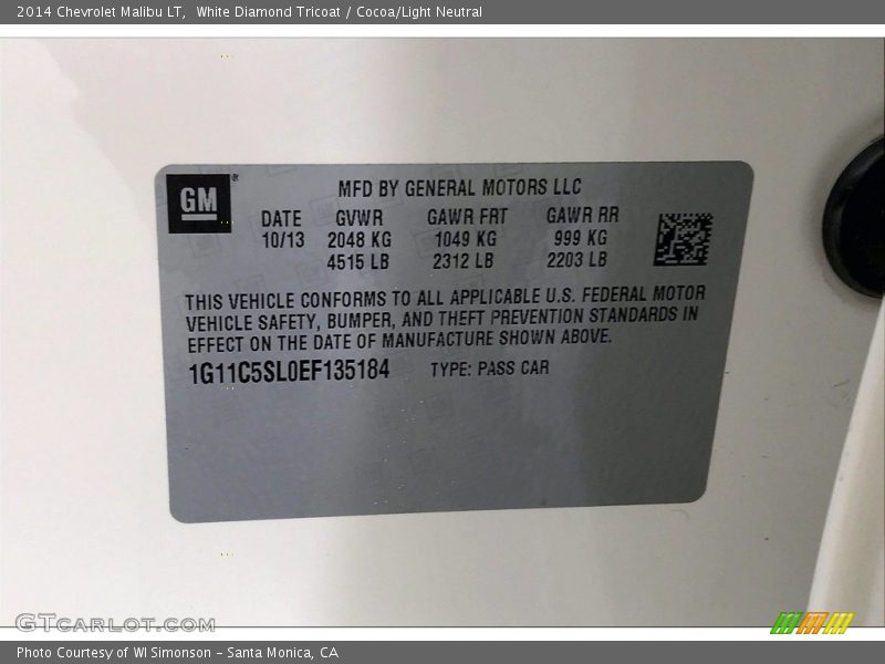 White Diamond Tricoat / Cocoa/Light Neutral 2014 Chevrolet Malibu LT