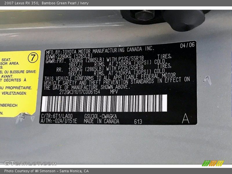 Bamboo Green Pearl / Ivory 2007 Lexus RX 350