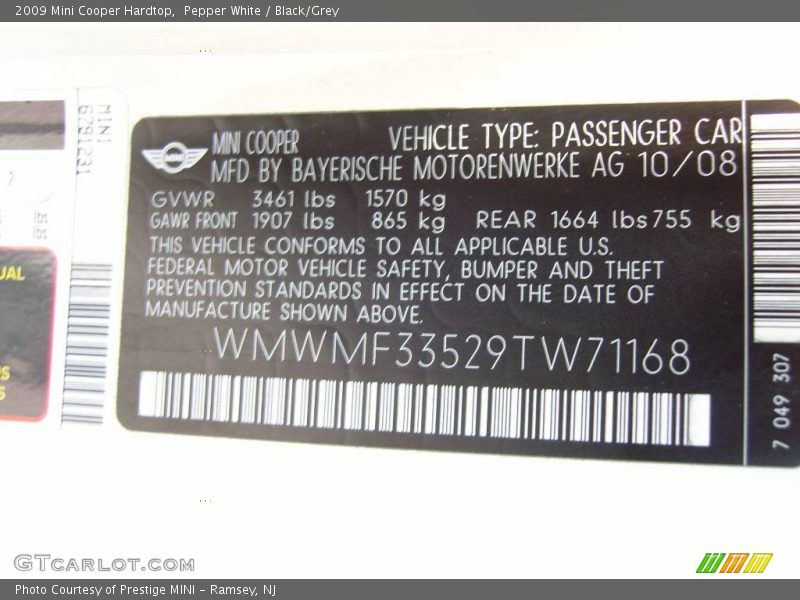 Pepper White / Black/Grey 2009 Mini Cooper Hardtop