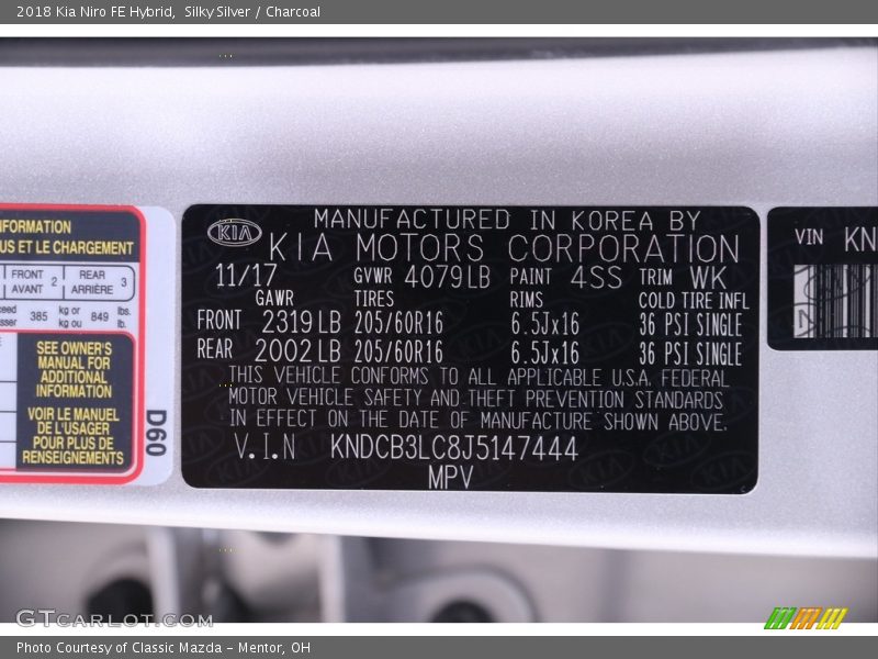 2018 Niro FE Hybrid Silky Silver Color Code 4SS