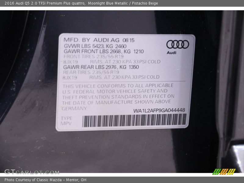 Moonlight Blue Metallic / Pistachio Beige 2016 Audi Q5 2.0 TFSI Premium Plus quattro