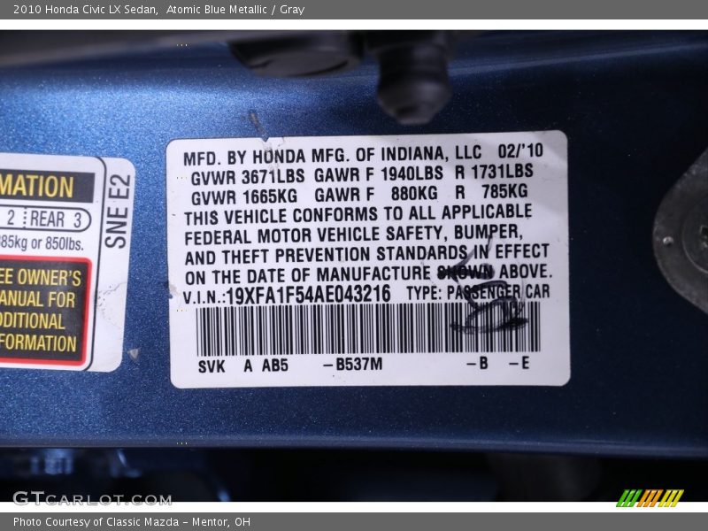 Atomic Blue Metallic / Gray 2010 Honda Civic LX Sedan