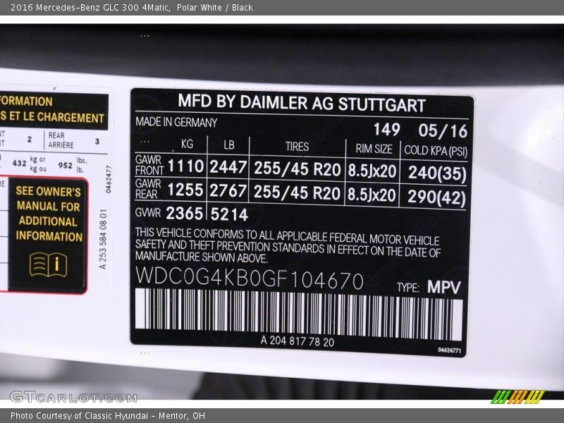 2016 GLC 300 4Matic Polar White Color Code 149