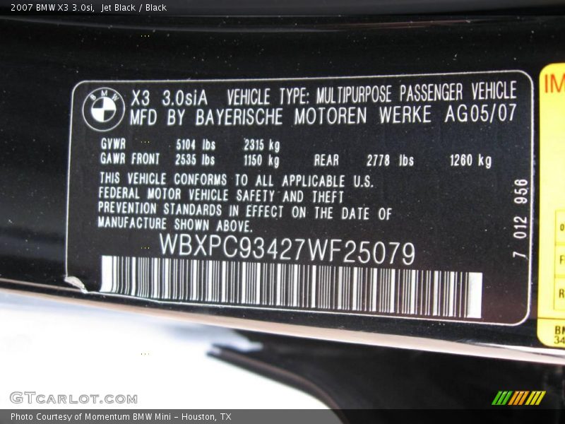Jet Black / Black 2007 BMW X3 3.0si