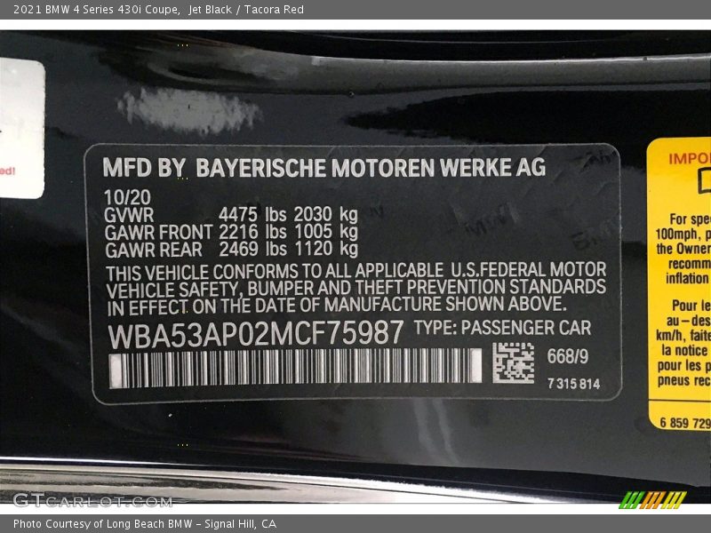 2021 4 Series 430i Coupe Jet Black Color Code 668