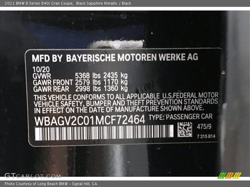 2021 8 Series 840i Gran Coupe Black Sapphire Metallic Color Code 475