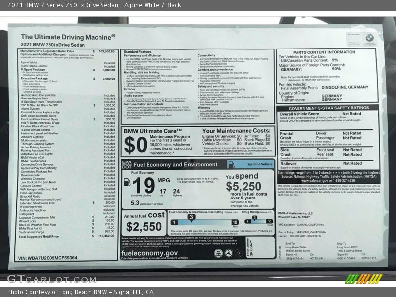  2021 7 Series 750i xDrive Sedan Window Sticker