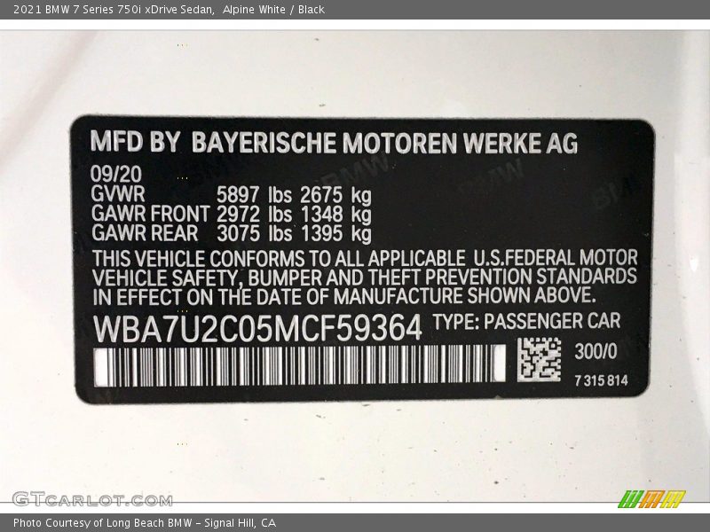2021 7 Series 750i xDrive Sedan Alpine White Color Code 300