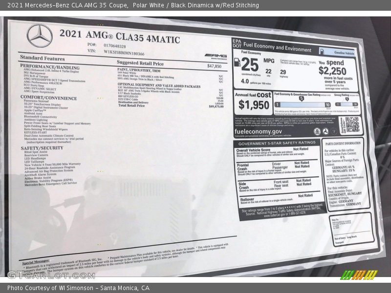 Polar White / Black Dinamica w/Red Stitching 2021 Mercedes-Benz CLA AMG 35 Coupe