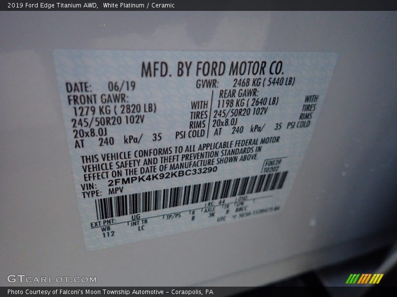 White Platinum / Ceramic 2019 Ford Edge Titanium AWD