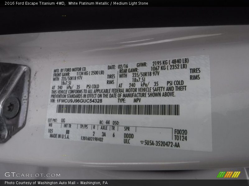 White Platinum Metallic / Medium Light Stone 2016 Ford Escape Titanium 4WD