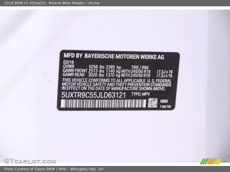 Mineral White Metallic / Mocha 2018 BMW X3 xDrive30i