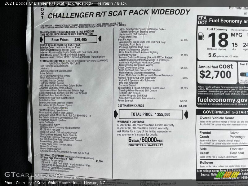  2021 Challenger R/T Scat Pack Widebody Window Sticker