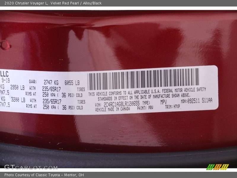 Velvet Red Pearl / Alloy/Black 2020 Chrysler Voyager L