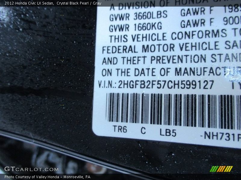 Crystal Black Pearl / Gray 2012 Honda Civic LX Sedan