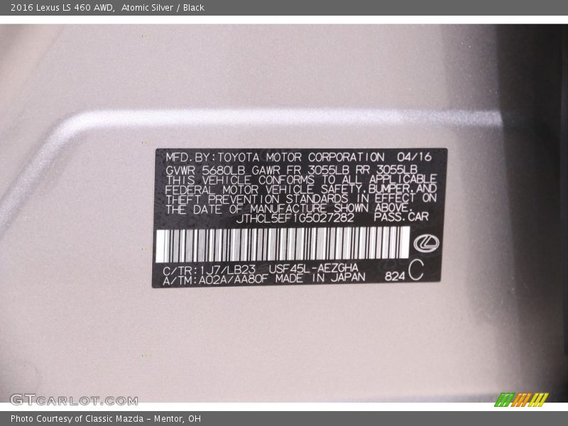 2016 LS 460 AWD Atomic Silver Color Code 1J7