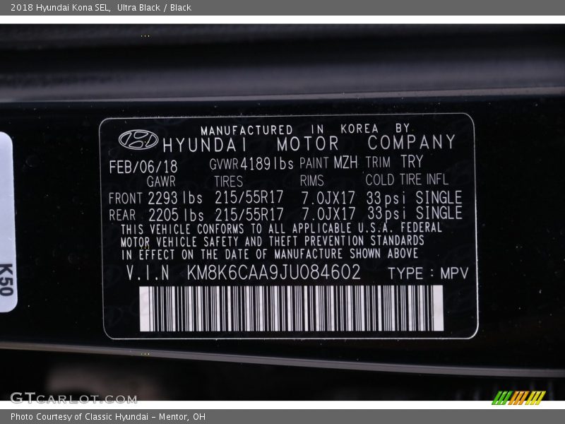 Ultra Black / Black 2018 Hyundai Kona SEL