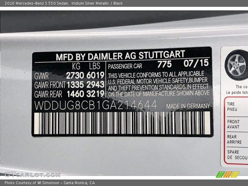 2016 S 550 Sedan Iridium Silver Metallic Color Code 775