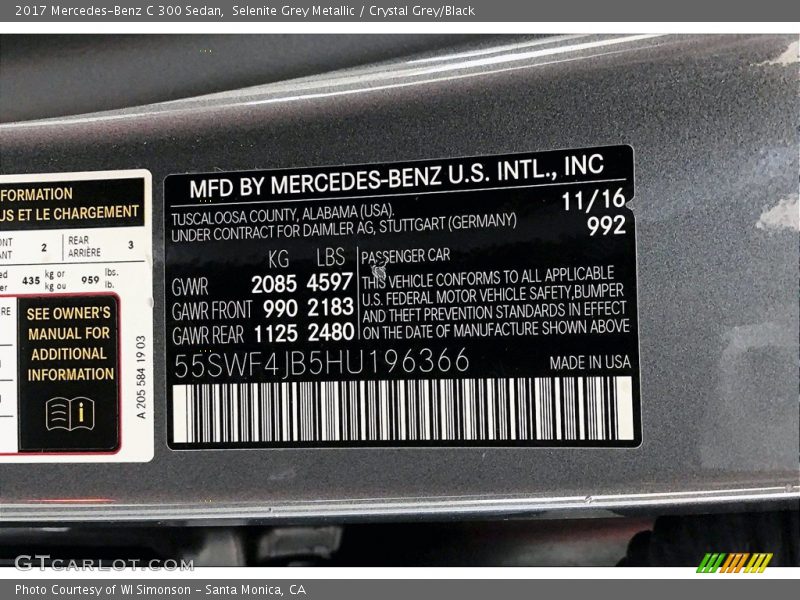 Selenite Grey Metallic / Crystal Grey/Black 2017 Mercedes-Benz C 300 Sedan
