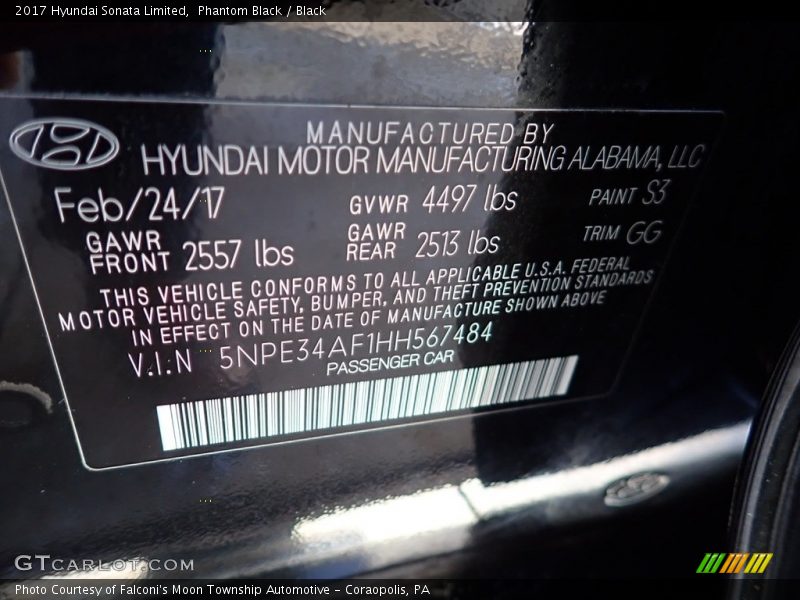 Phantom Black / Black 2017 Hyundai Sonata Limited