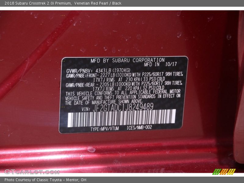 Venetian Red Pearl / Black 2018 Subaru Crosstrek 2.0i Premium