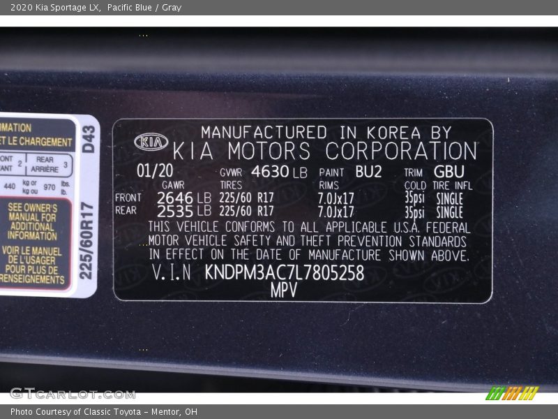 Pacific Blue / Gray 2020 Kia Sportage LX