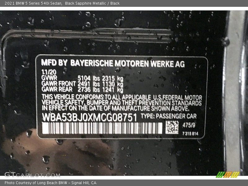 Black Sapphire Metallic / Black 2021 BMW 5 Series 540i Sedan