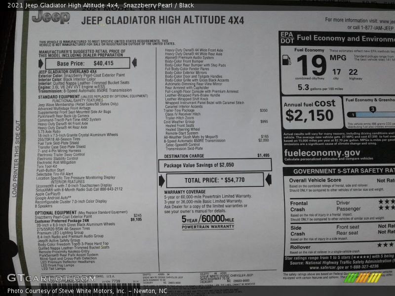  2021 Gladiator High Altitude 4x4 Window Sticker