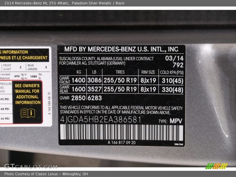 2014 ML 350 4Matic Paladium Silver Metallic Color Code 792