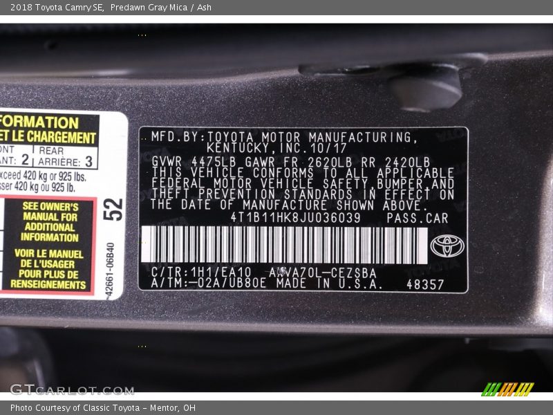 Predawn Gray Mica / Ash 2018 Toyota Camry SE