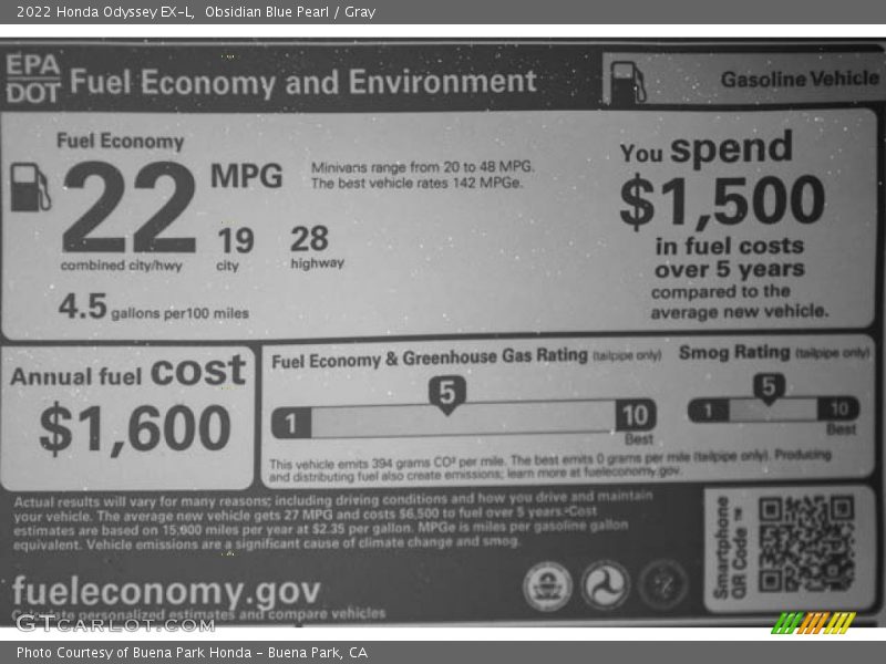 Obsidian Blue Pearl / Gray 2022 Honda Odyssey EX-L