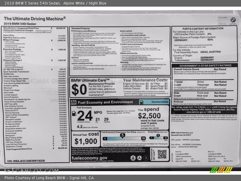  2019 5 Series 540i Sedan Window Sticker