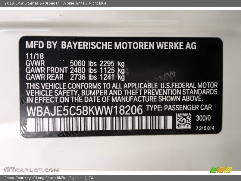 2019 5 Series 540i Sedan Alpine White Color Code 300
