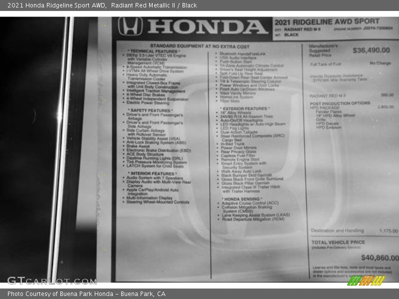  2021 Ridgeline Sport AWD Window Sticker