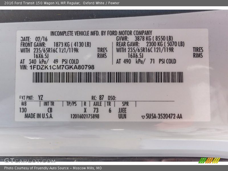 2016 Transit 150 Wagon XL MR Regular Oxford White Color Code YZ