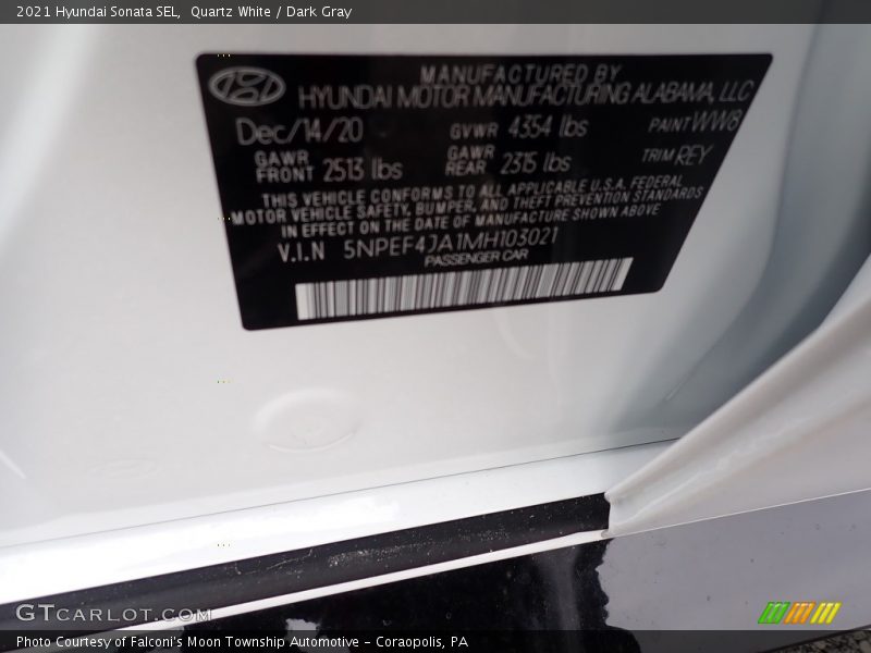 Quartz White / Dark Gray 2021 Hyundai Sonata SEL