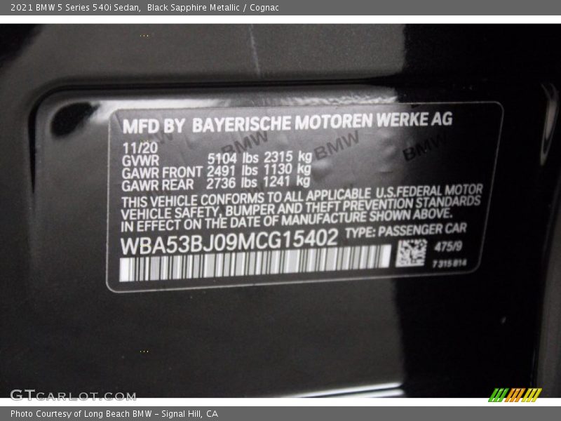 Black Sapphire Metallic / Cognac 2021 BMW 5 Series 540i Sedan