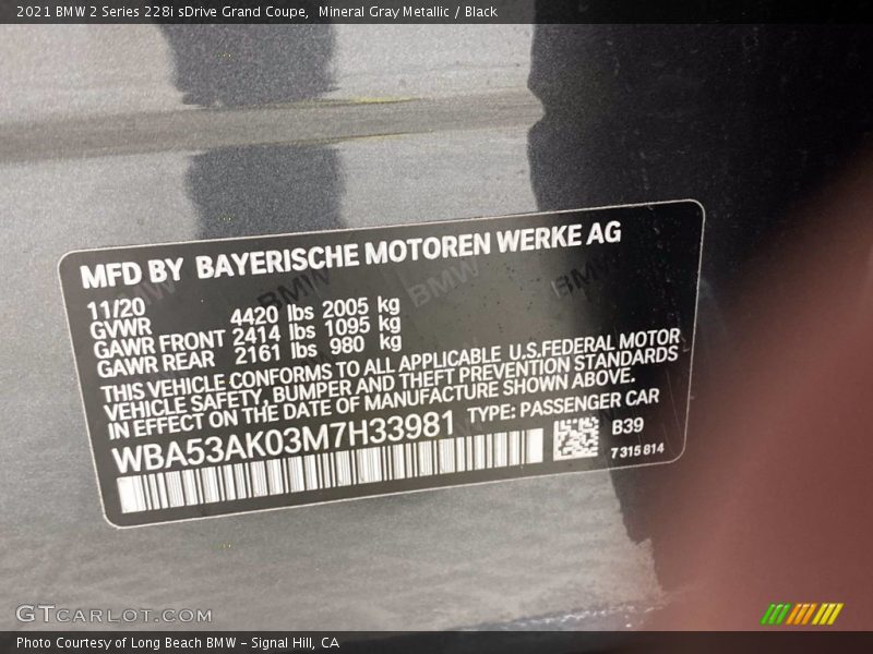 Mineral Gray Metallic / Black 2021 BMW 2 Series 228i sDrive Grand Coupe