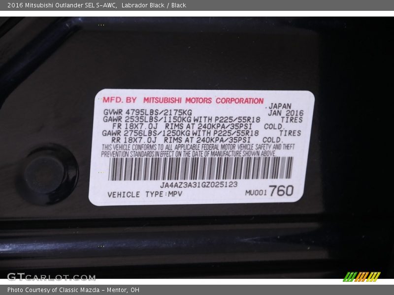 Labrador Black / Black 2016 Mitsubishi Outlander SEL S-AWC