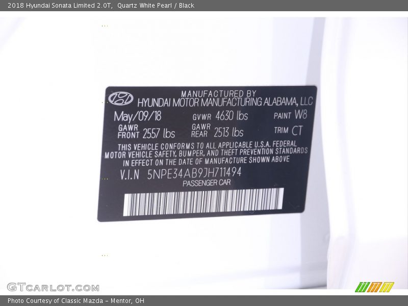 2018 Sonata Limited 2.0T Quartz White Pearl Color Code W8