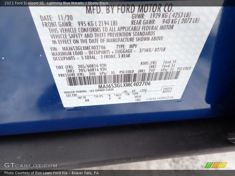 Lightning Blue Metallic / Ebony Black 2021 Ford EcoSport SE